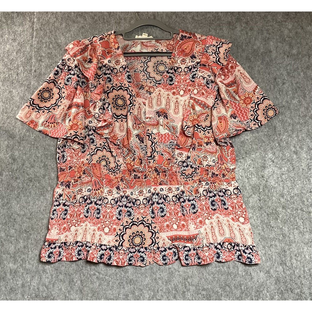 Nurture By Westbound Blouse Womens 2X Pink Paisley Ruffle Flutter Top Boho